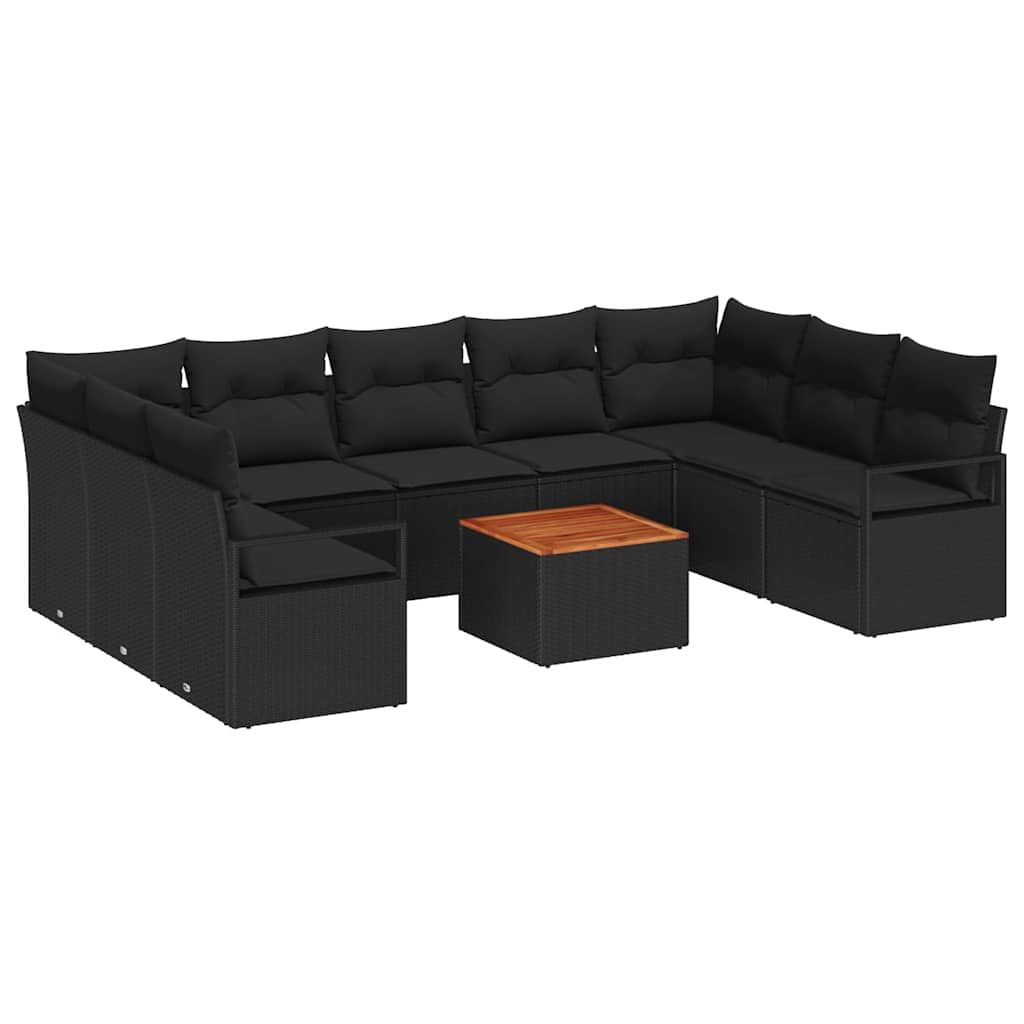 10-teilige Garten Sofa Set mit Kissen Schwarz Poly Rattan Akazie