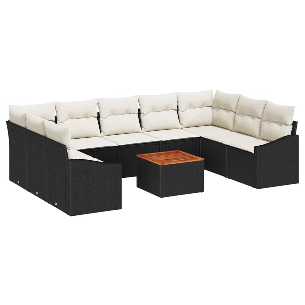 10-teilige Garten-Sofa-Set mit Kissen Schwarz Poly Rattan Akazie