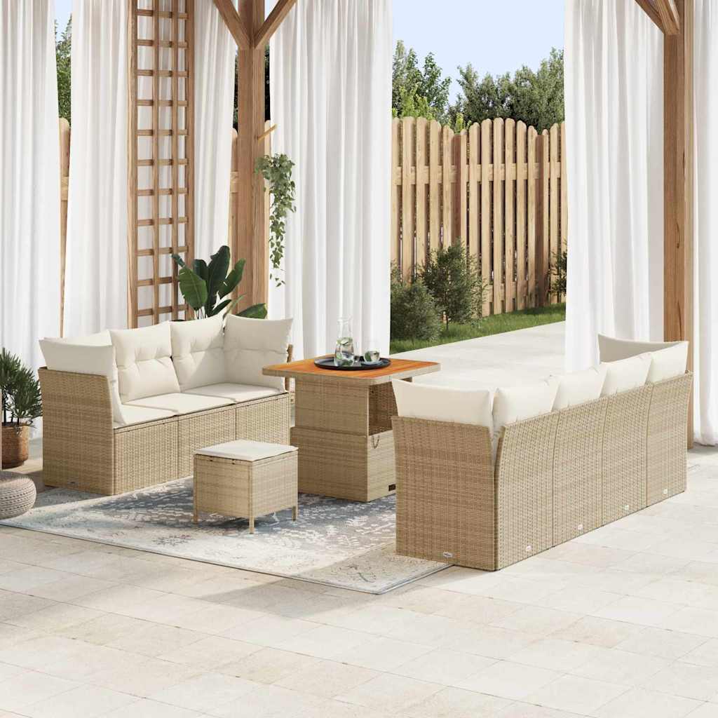 10-teiliges Garten Sofa Set mit Kissen Beige Poly Rattan Akazie