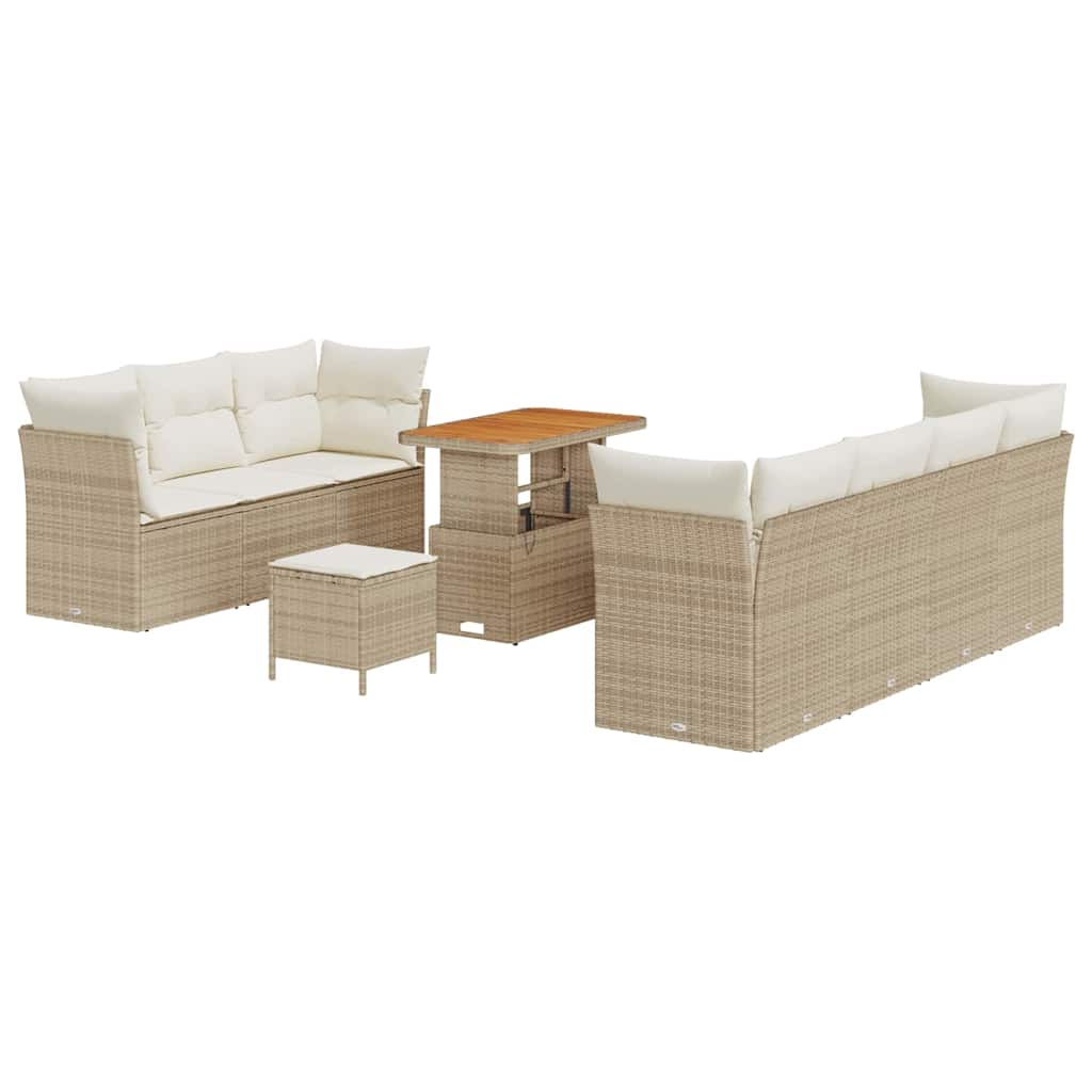 10-teiliges Garten Sofa Set mit Kissen Beige Poly Rattan Akazie