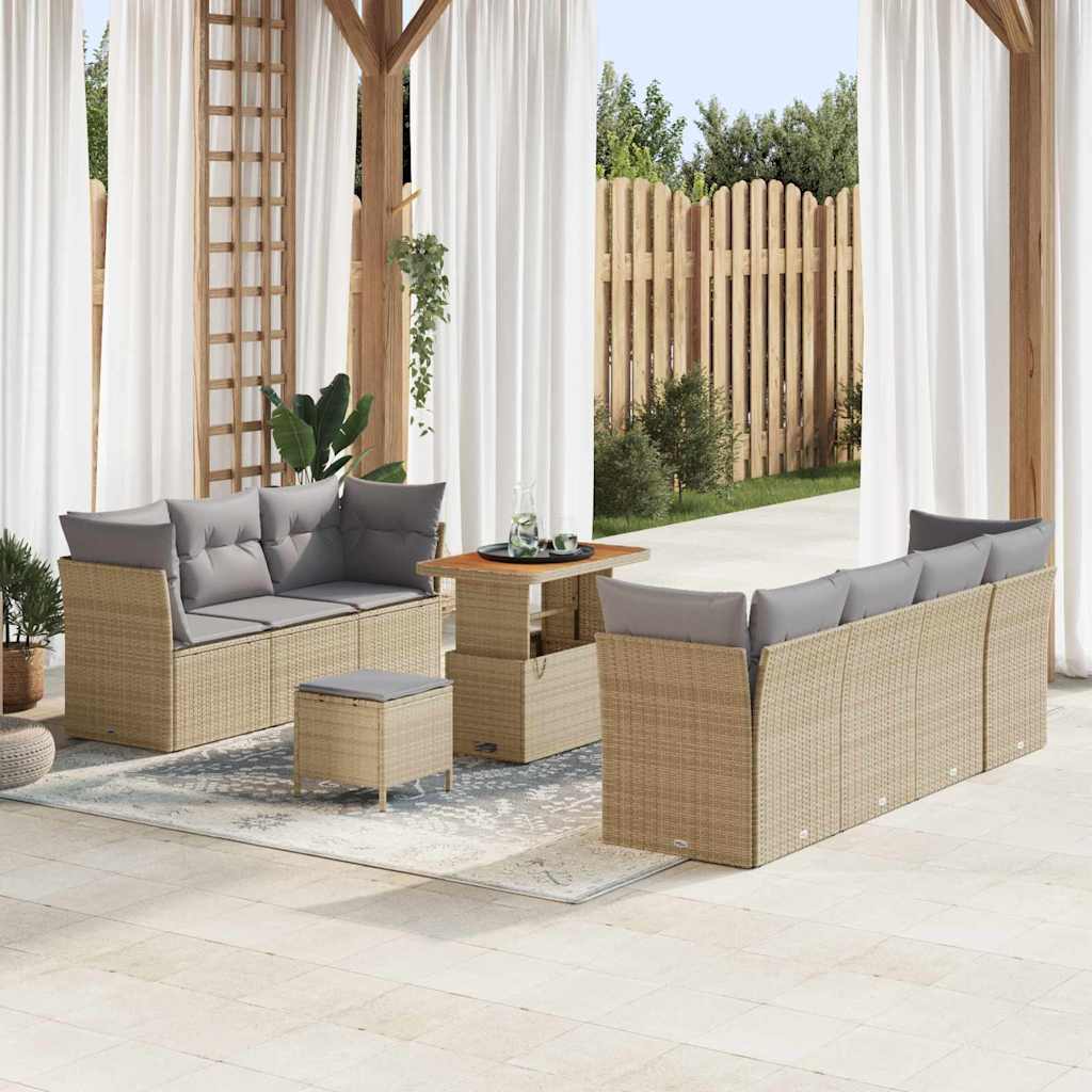 10-teiliges Garten Sofa Set mit Kissen Beige Poly Rattan Akazie