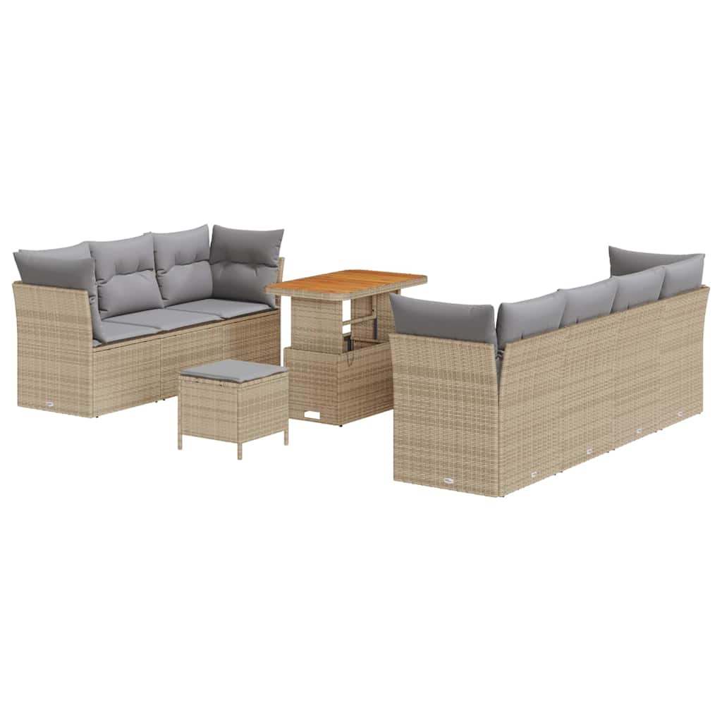 10-teiliges Garten Sofa Set mit Kissen Beige Poly Rattan Akazie