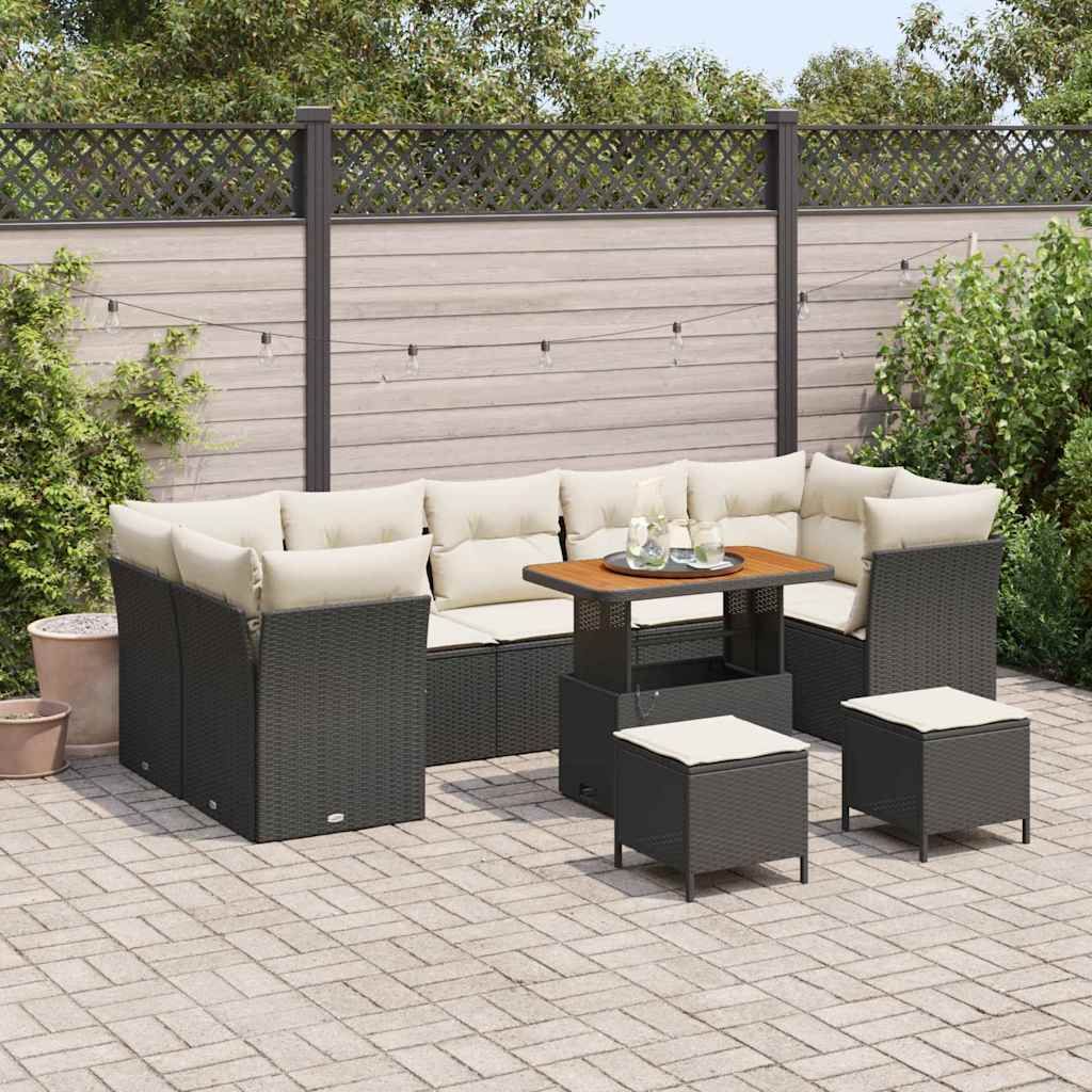 10-teilige Garten Sofa Set mit Kissen Schwarz Poly Rattan Akazie