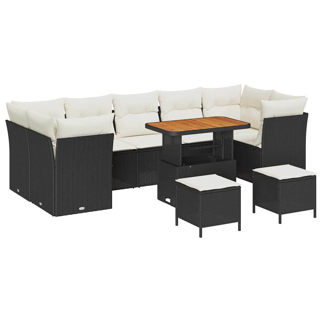 10-teilige Garten Sofa Set mit Kissen Schwarz Poly Rattan Akazie