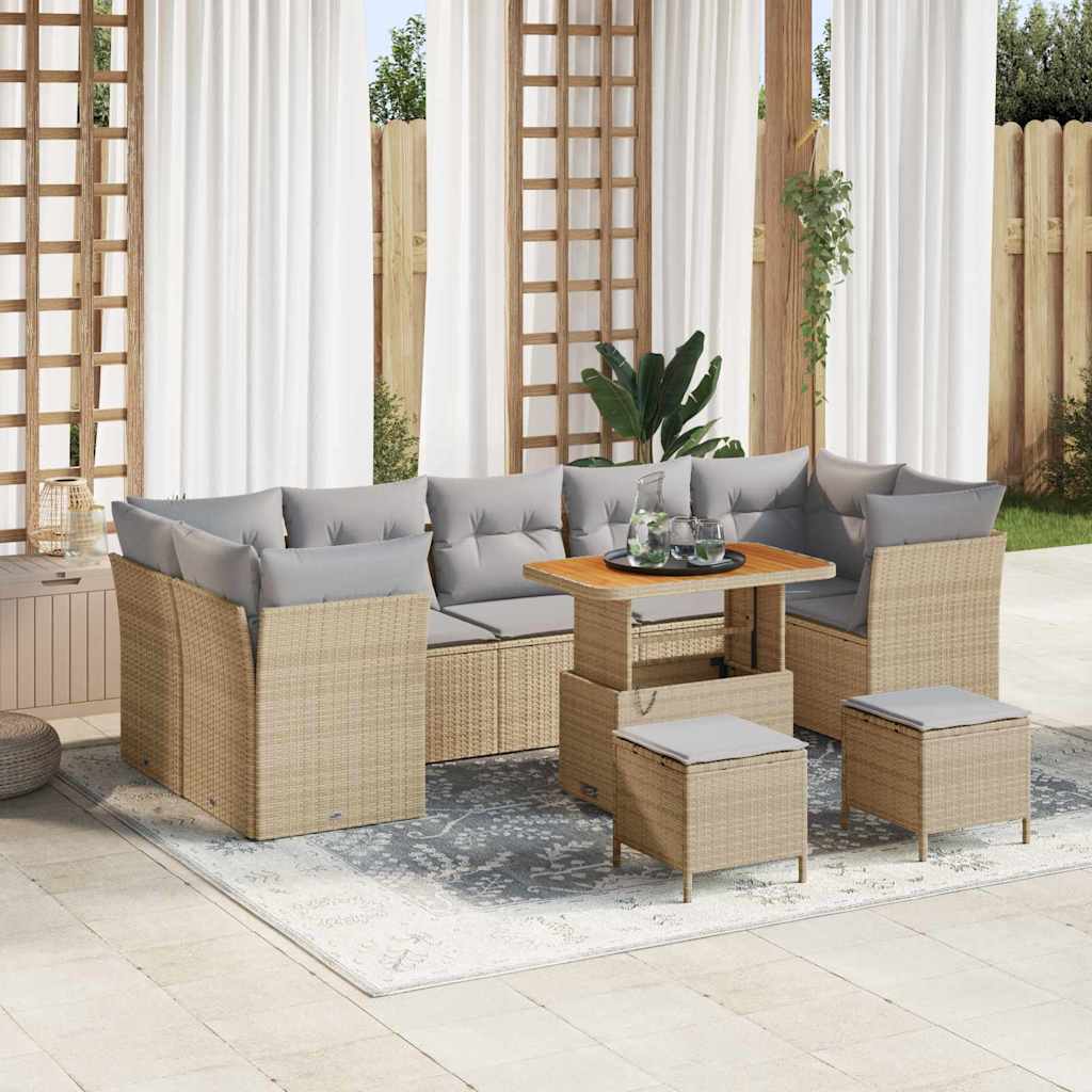 10-teiliges Garten Sofa Set mit Kissen Beige Poly Rattan Akazie