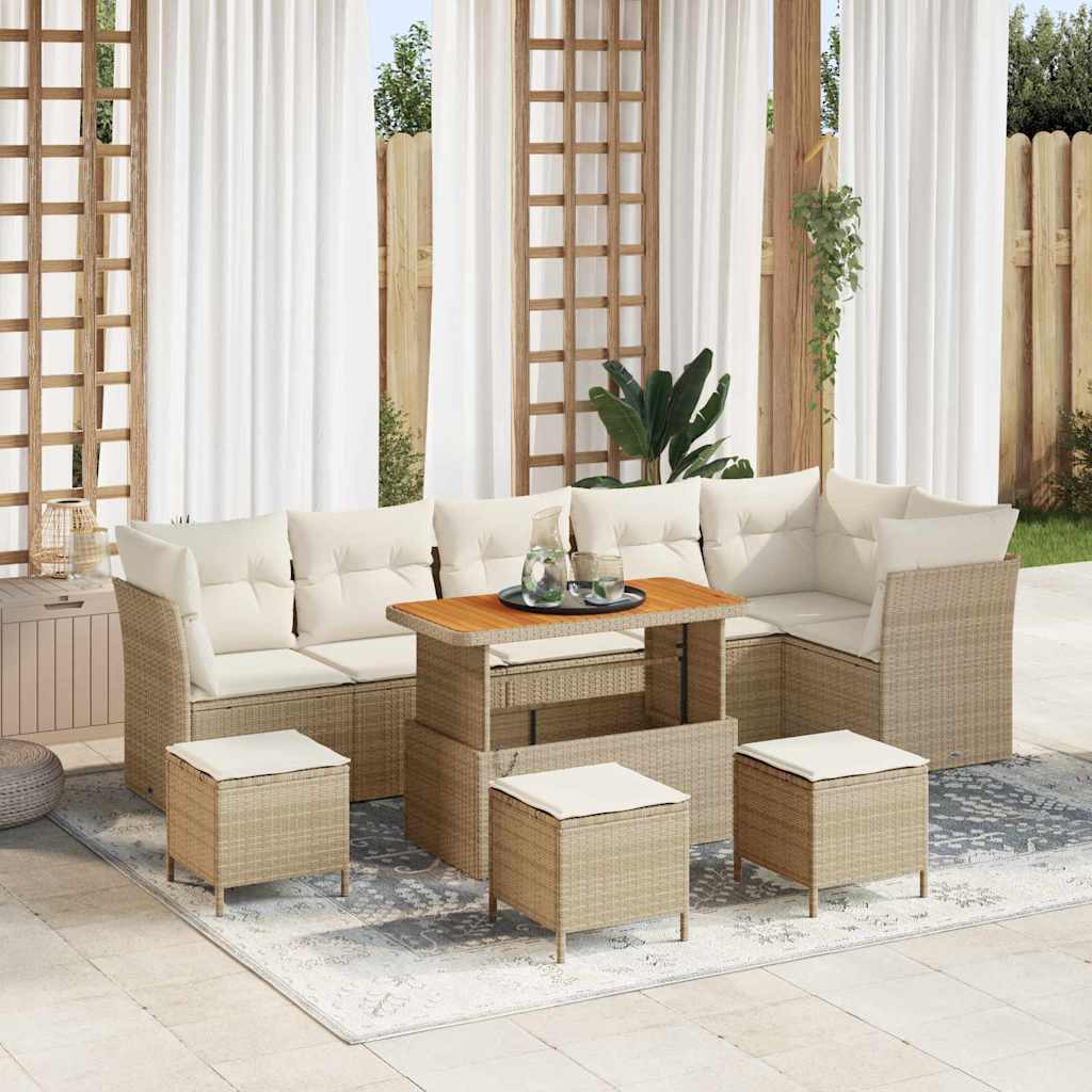 10-teiliges Garten Sofa Set mit Kissen Beige Poly Rattan Akazie