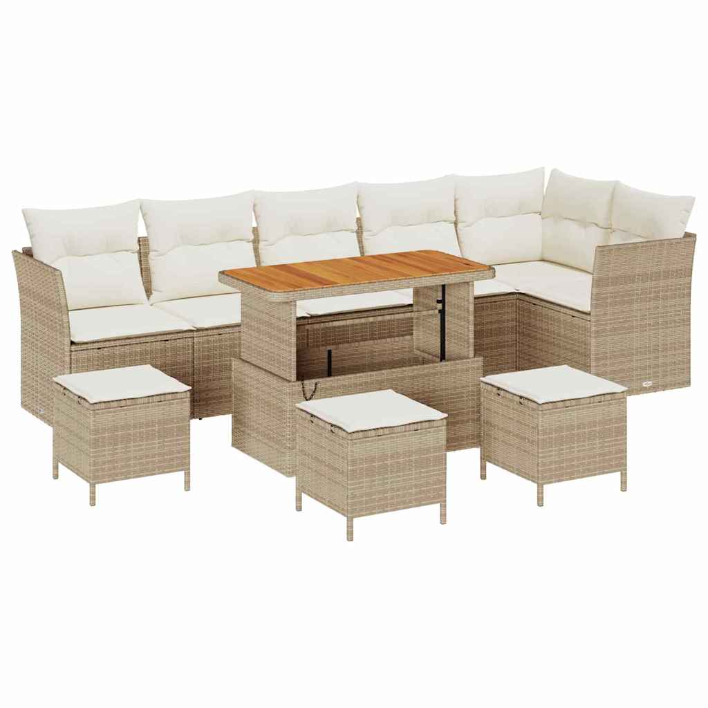 10-teiliges Garten Sofa Set mit Kissen Beige Poly Rattan Akazie