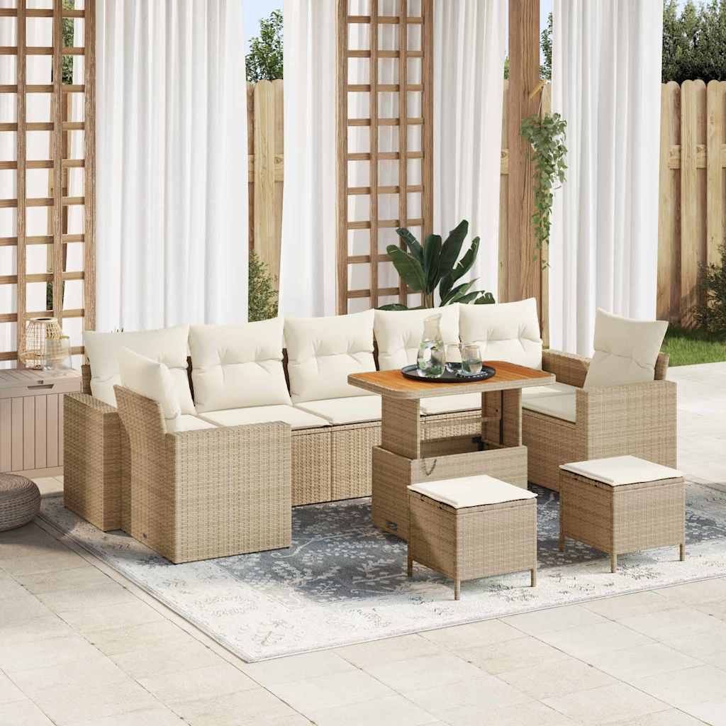 10-teiliges Garten Sofa Set mit Kissen Beige Poly-Rattan Akazie