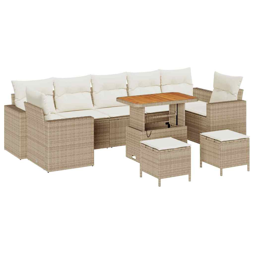 10-teiliges Garten Sofa Set mit Kissen Beige Poly-Rattan Akazie
