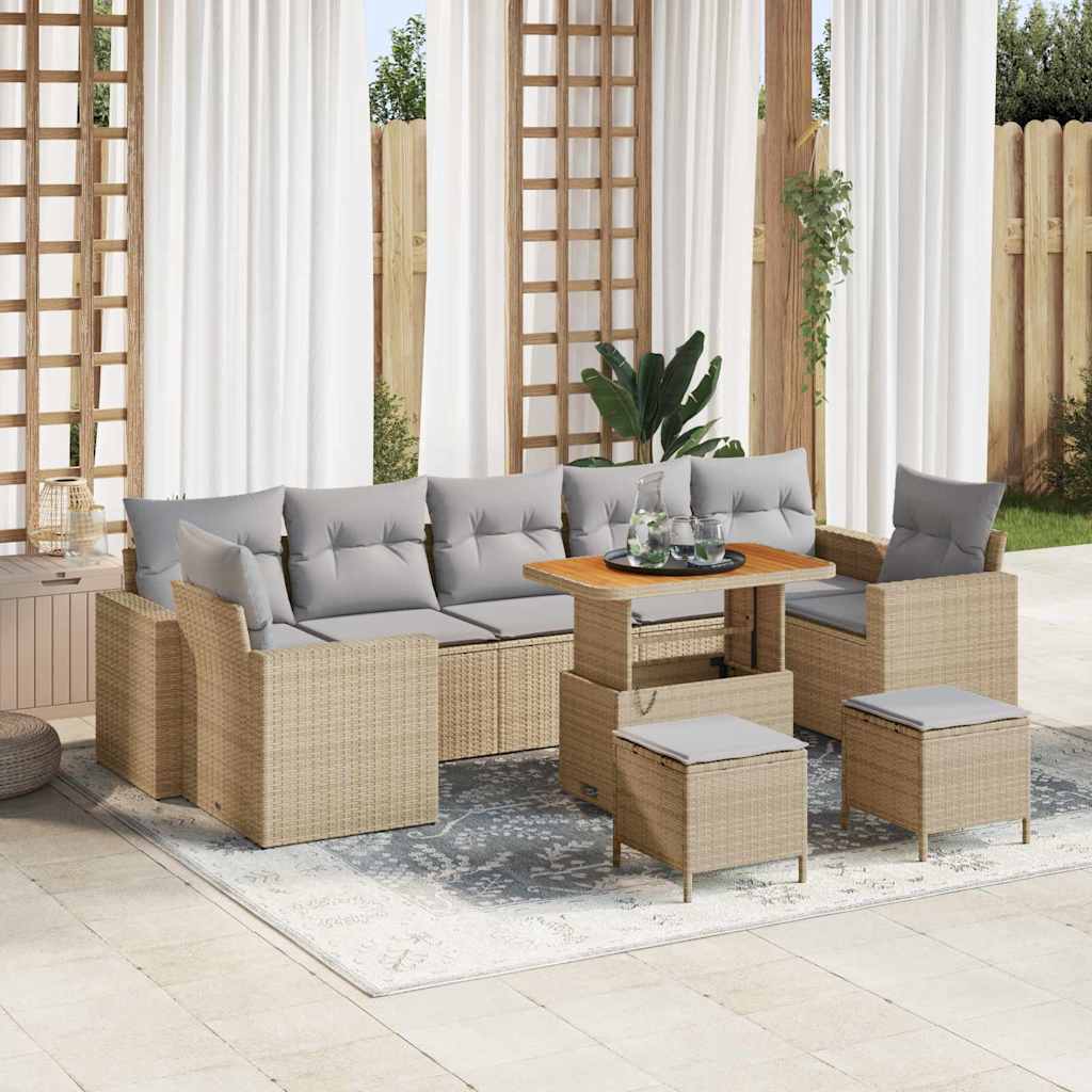 10-teilige Garten Sofagarnitur mit Kissen in Beige Poly Rattan und Akazie
