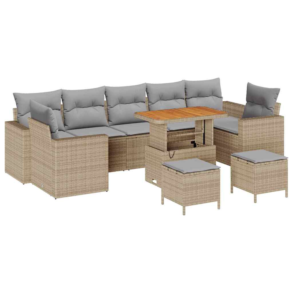 10-teilige Garten Sofagarnitur mit Kissen in Beige Poly Rattan und Akazie