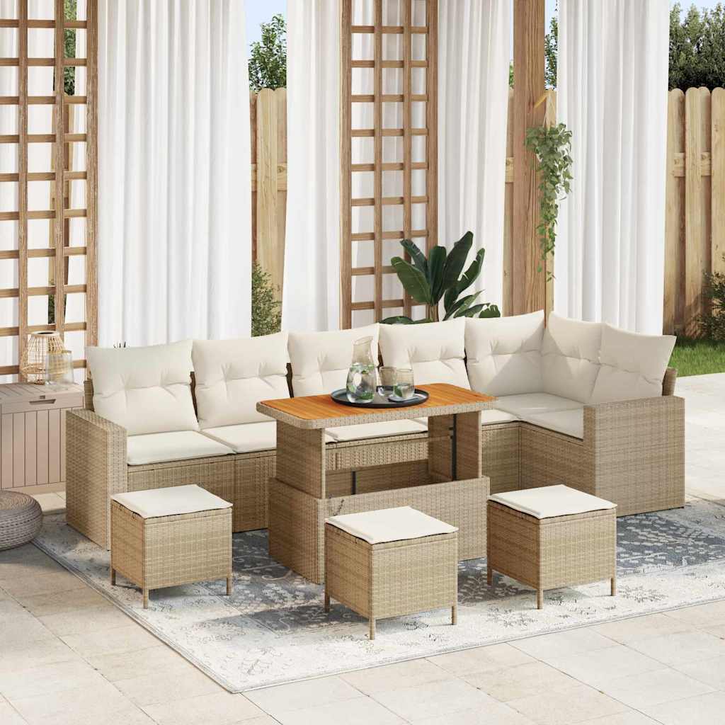 10-teiliges Garten Sofa Set mit Kissen Beige Poly Rattan Akazie
