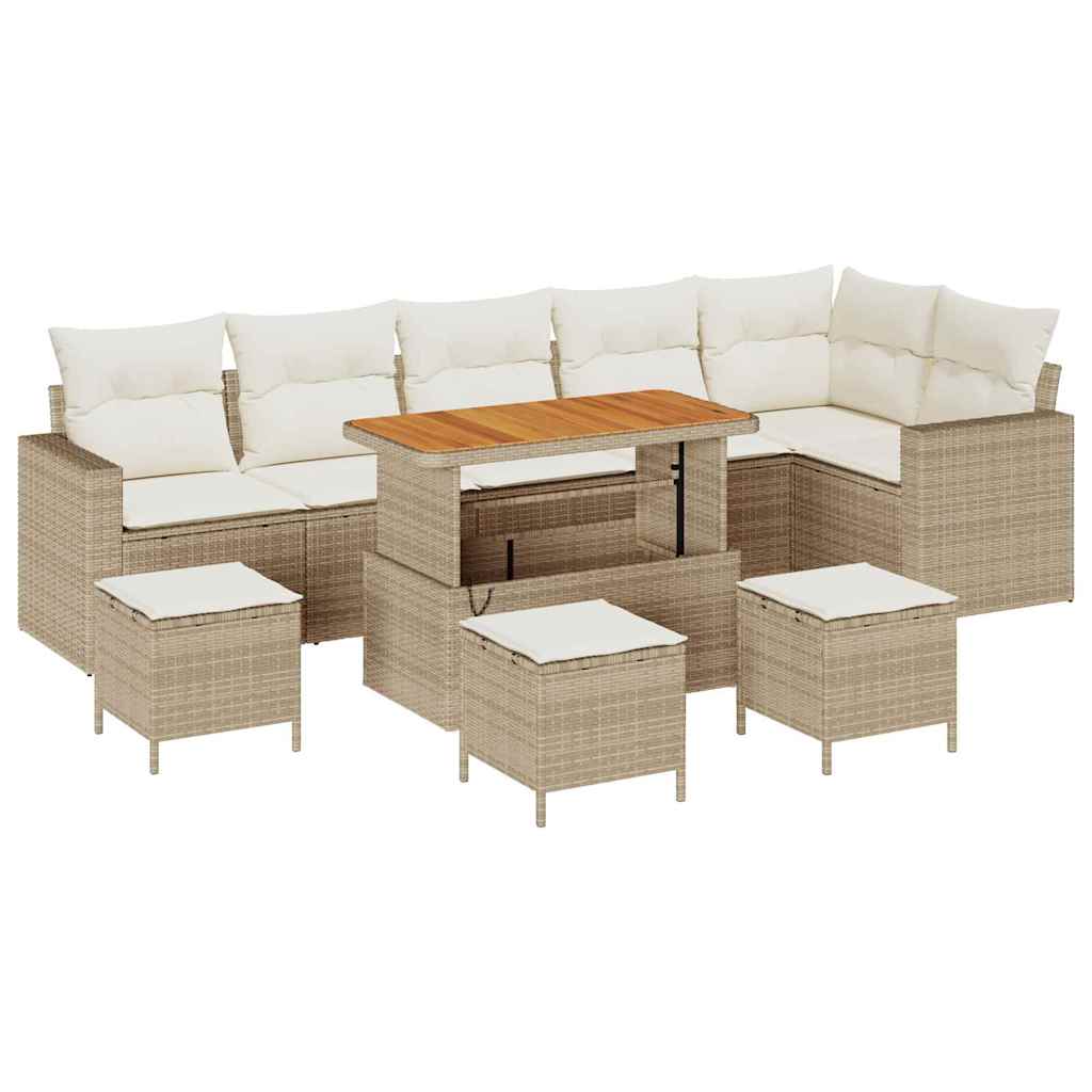 10-teiliges Garten Sofa Set mit Kissen Beige Poly Rattan Akazie