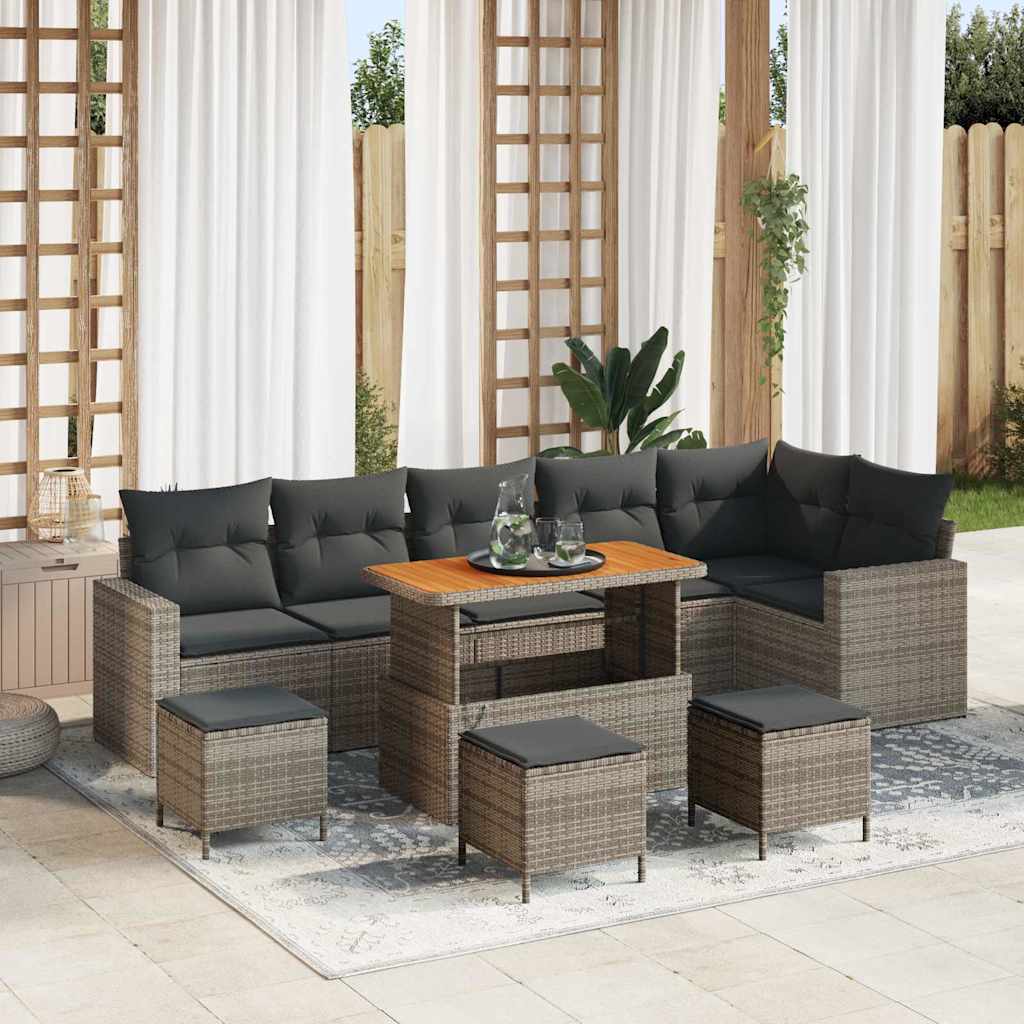 10-teiliges Garten Sofa Set mit Kissen Grau Poly Rattan Akazie