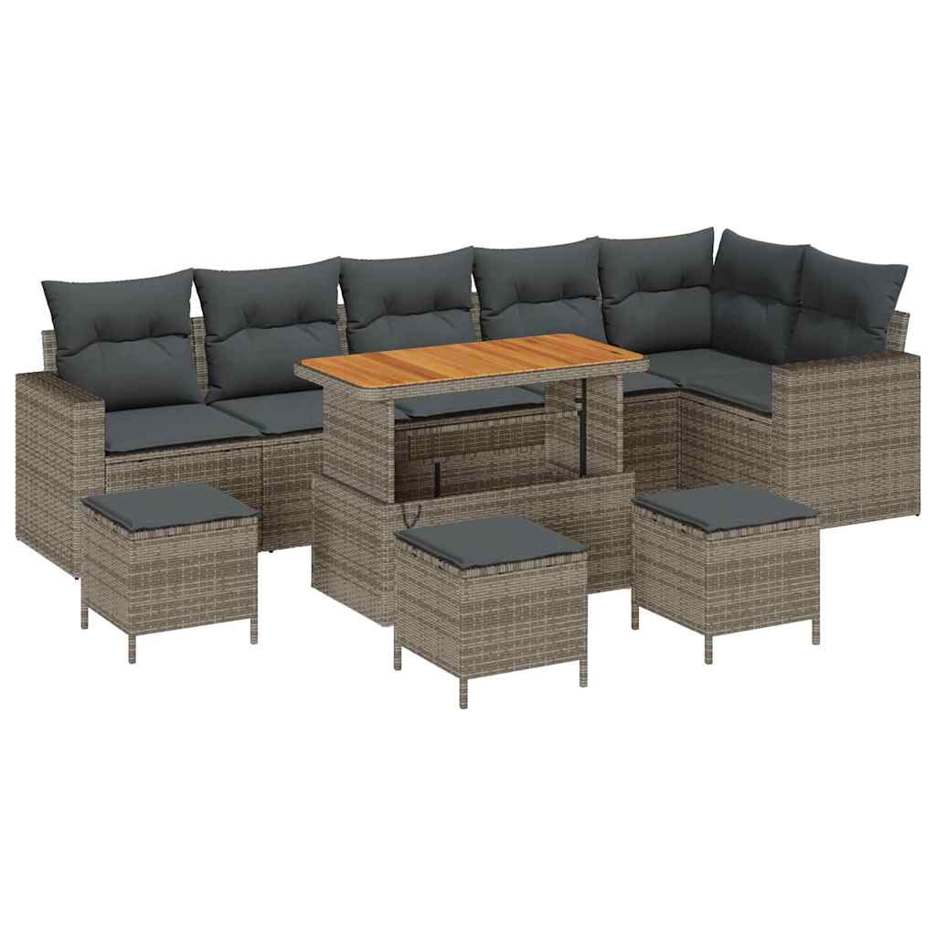 10-teiliges Garten Sofa Set mit Kissen Grau Poly Rattan Akazie