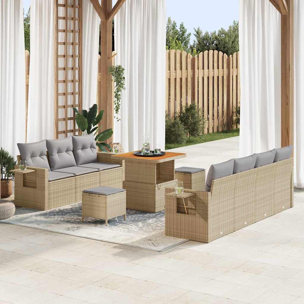 10-teiliges Garten Sofa Set mit Kissen Beige Poly-Rattan Akazie