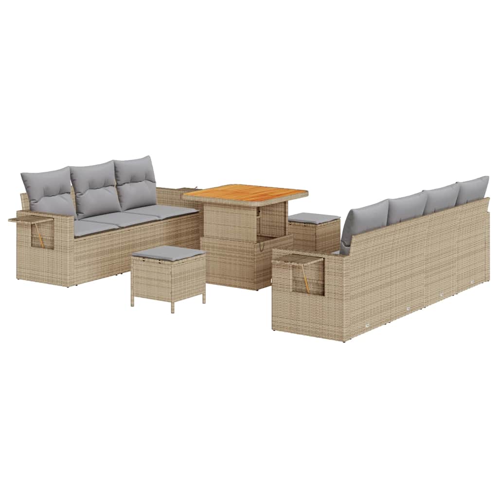 10-teiliges Garten Sofa Set mit Kissen Beige Poly-Rattan Akazie