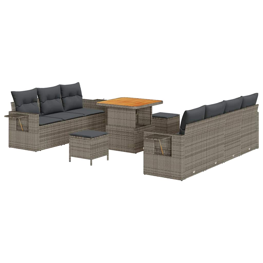 10-teiliges Garten Sofa Set mit Kissen Grau Poly Rattan Akazie