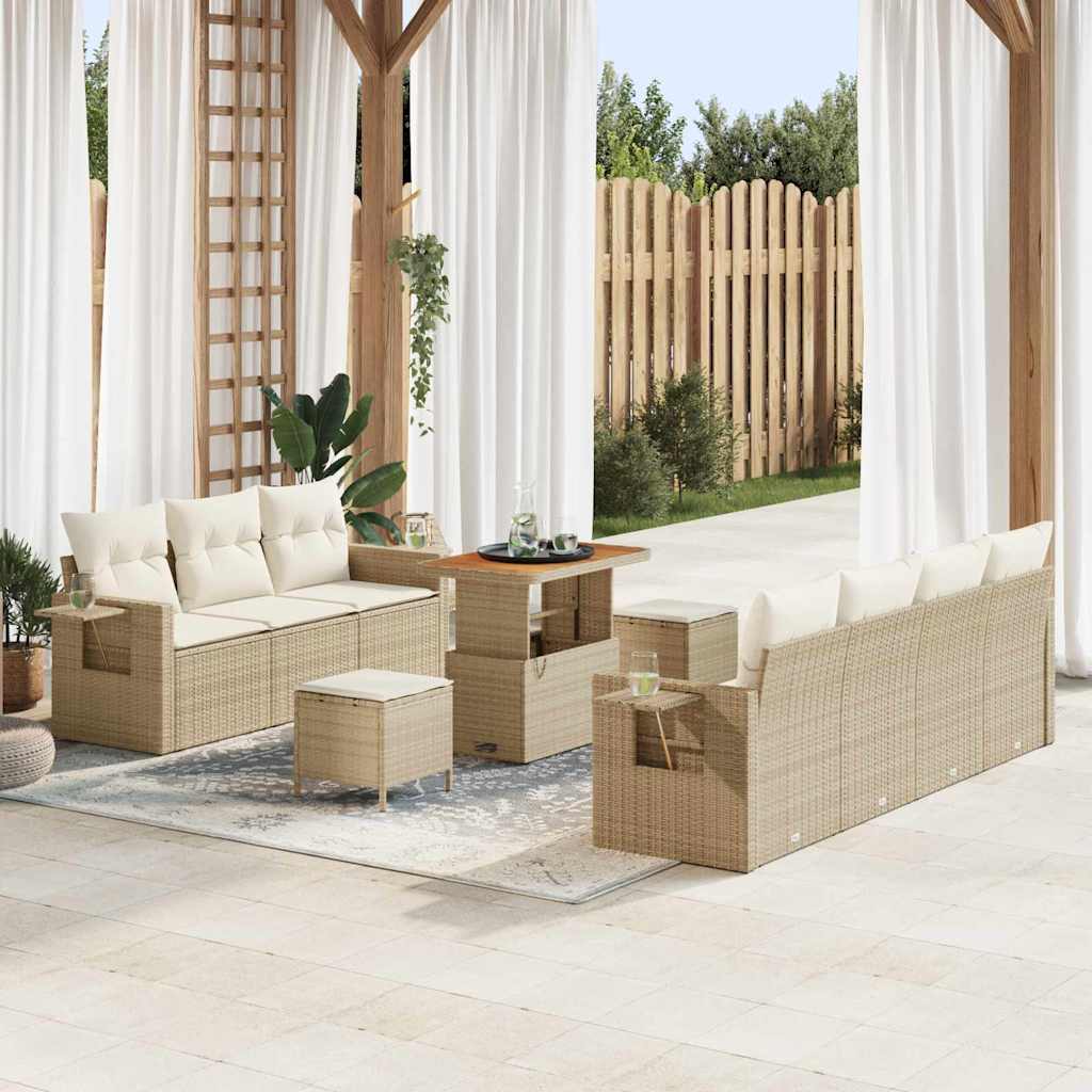 10-teiliges Garten Sofa Set mit Kissen Beige Poly-Rattan Akazie