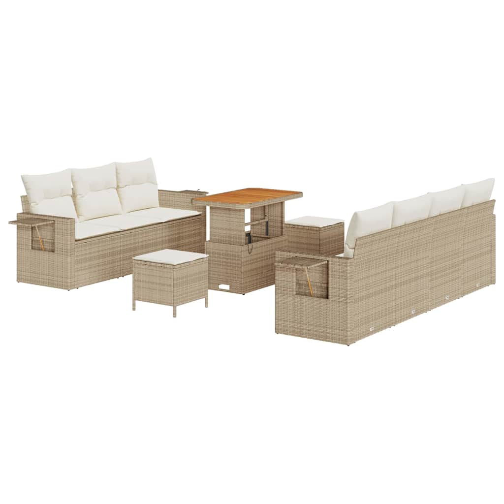 10-teiliges Garten Sofa Set mit Kissen Beige Poly-Rattan Akazie