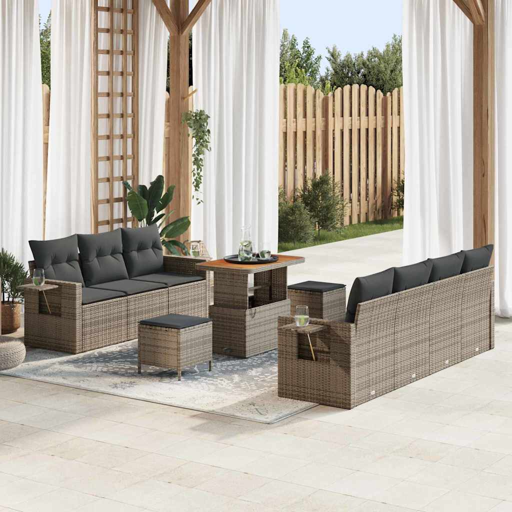 10-teiliges Garten Sofa Set mit Kissen Grau Poly Rattan Akazie