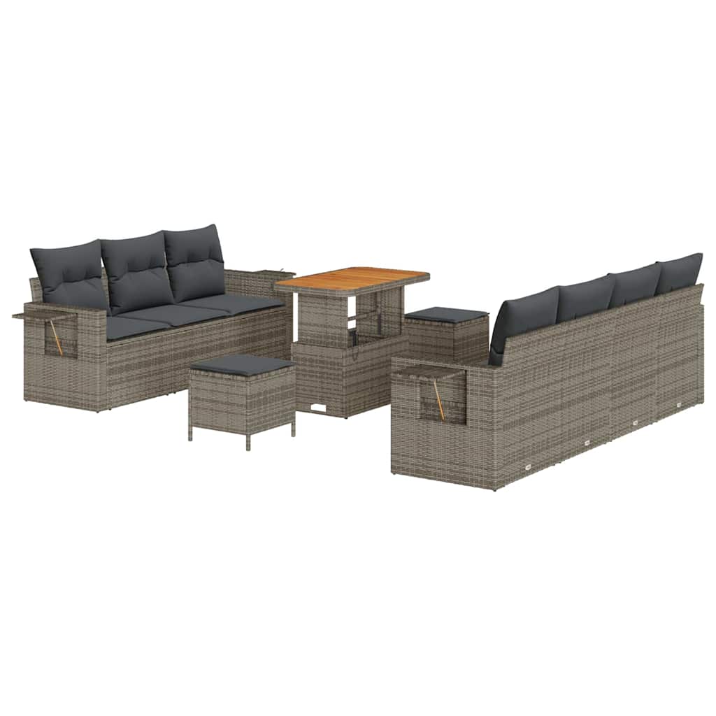 10-teiliges Garten Sofa Set mit Kissen Grau Poly Rattan Akazie