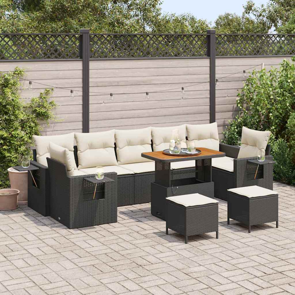 10-teilige Garten-Sofa-Set mit Kissen Schwarz Poly-Rattan Akazie
