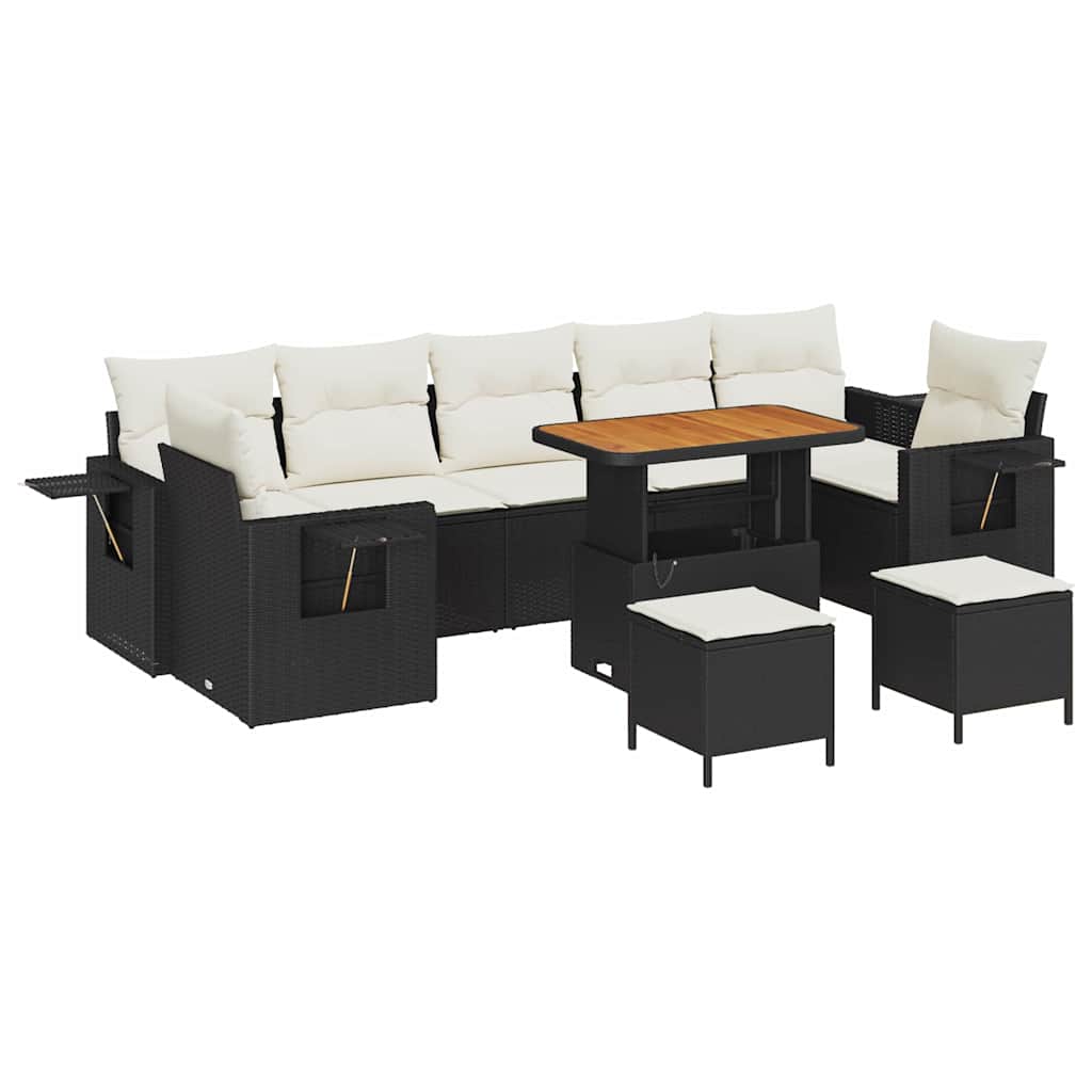 10-teilige Garten-Sofa-Set mit Kissen Schwarz Poly-Rattan Akazie