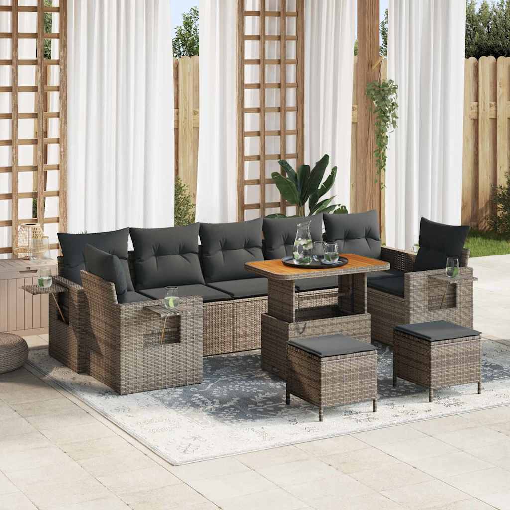 10-teiliges Garten Sofa Set mit Kissen Grau Poly Rattan Akazie
