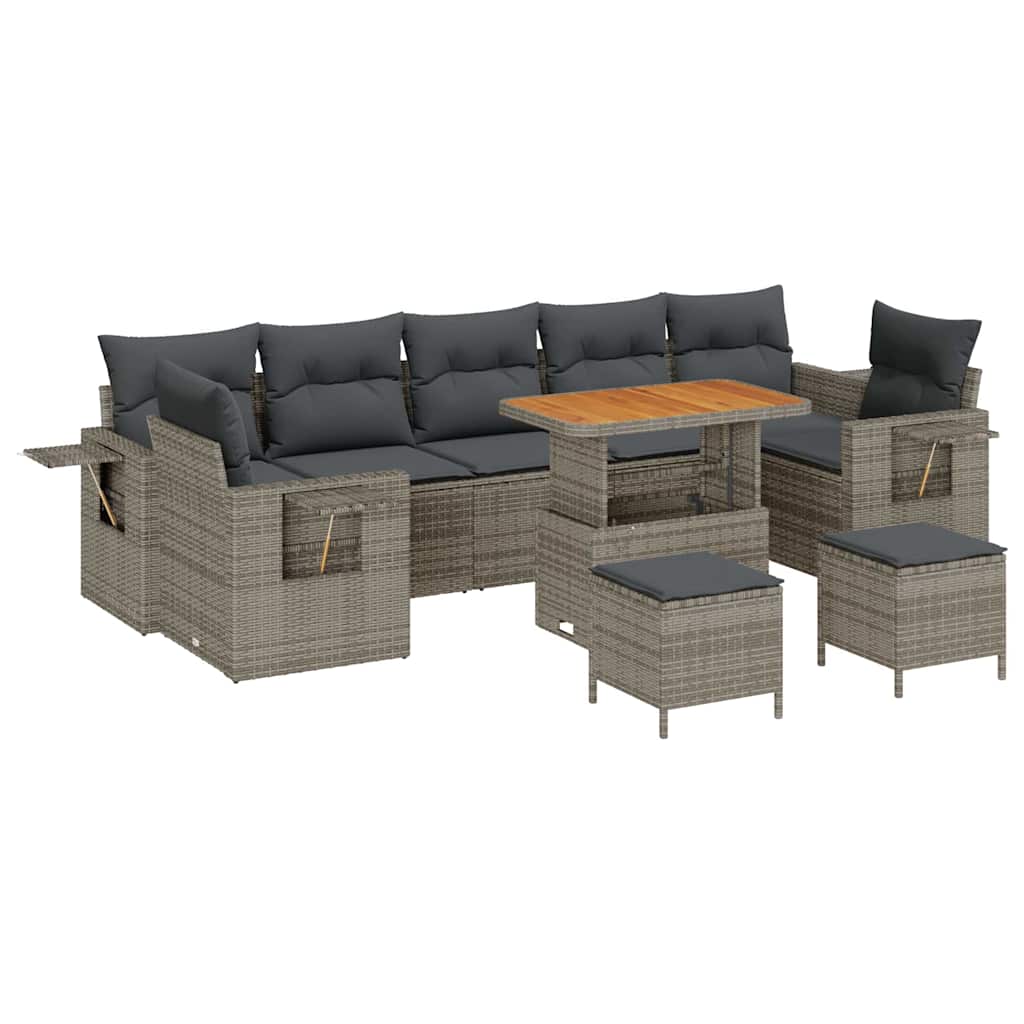 10-teiliges Garten Sofa Set mit Kissen Grau Poly Rattan Akazie
