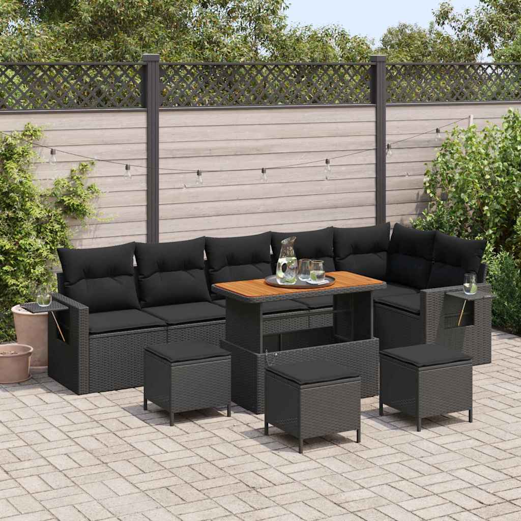 10-teilige Garten Sofa Set mit Kissen Schwarz Poly Rattan Akazie