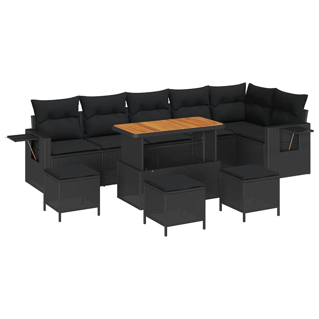 10-teilige Garten Sofa Set mit Kissen Schwarz Poly Rattan Akazie