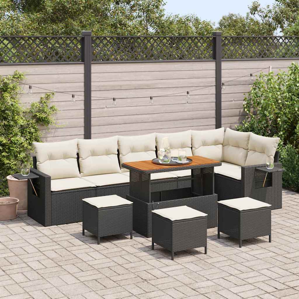 10-teilige Garten Sofa Set mit Kissen Schwarz Poly Rattan Akazie