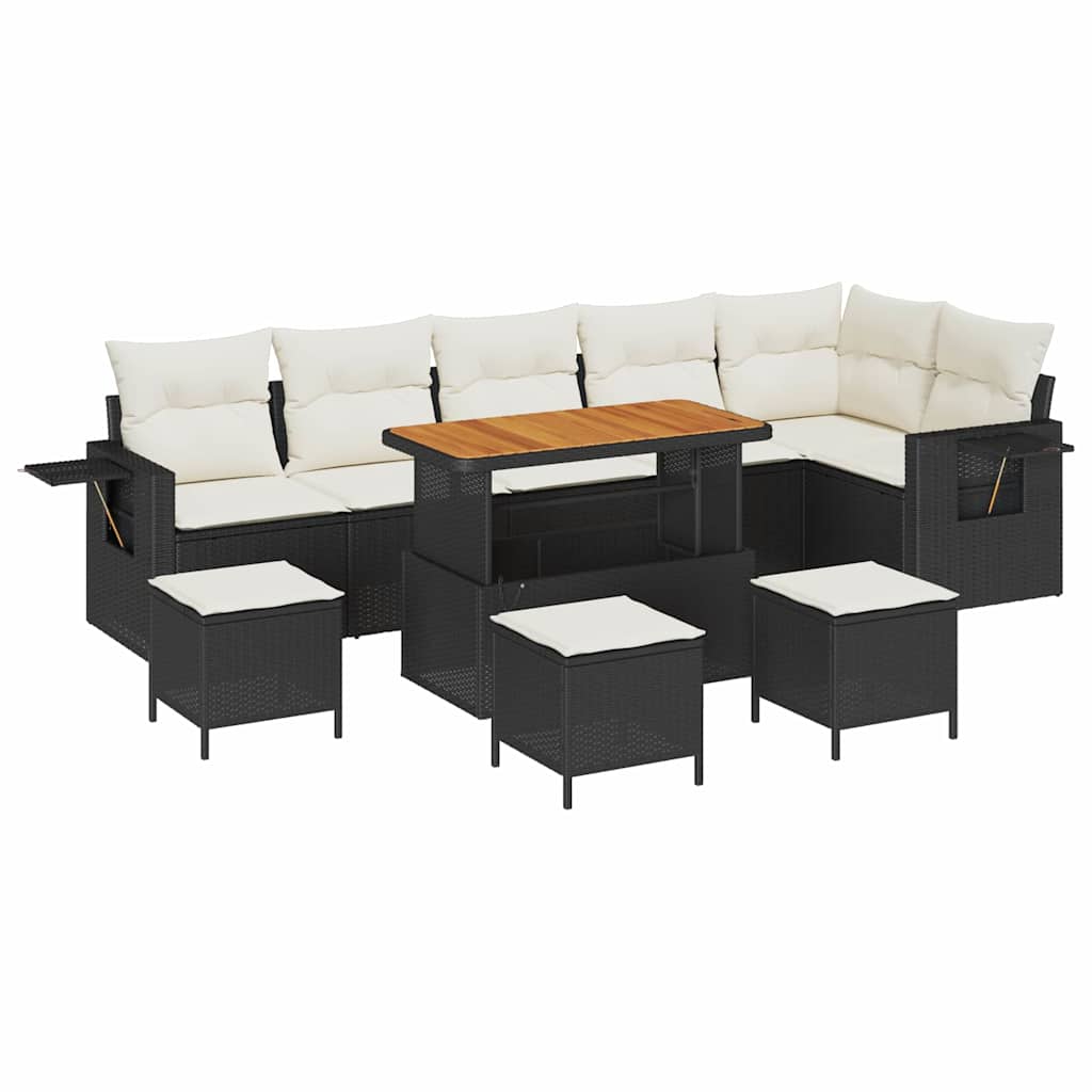 10-teilige Garten Sofa Set mit Kissen Schwarz Poly Rattan Akazie