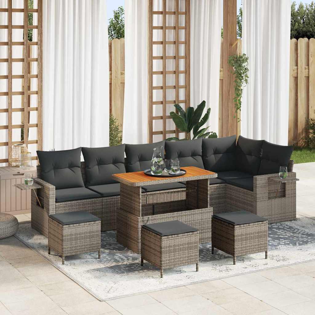 10-teiliges Garten Sofa Set mit Kissen Grau Poly Rattan Akazie
