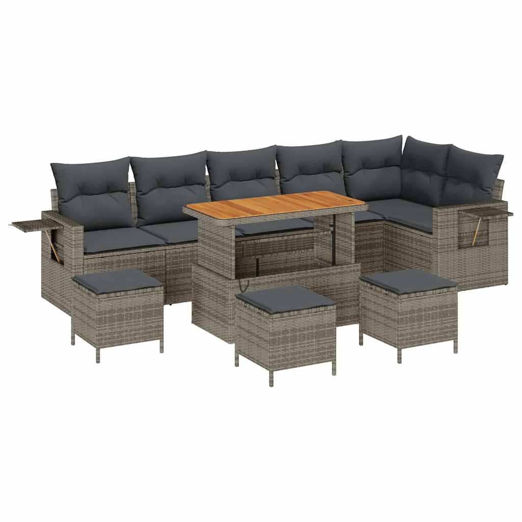 10-teiliges Garten Sofa Set mit Kissen Grau Poly Rattan Akazie