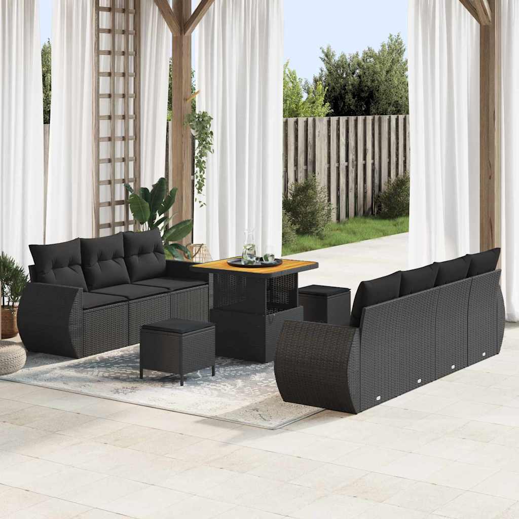 10-teilige Garten Sofa Set mit Kissen Schwarz Poly Rattan Akazie