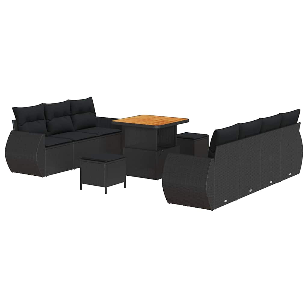 10-teilige Garten Sofa Set mit Kissen Schwarz Poly Rattan Akazie