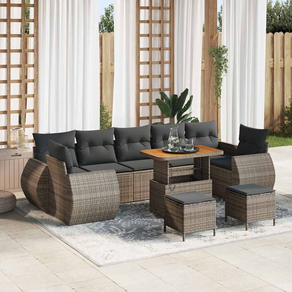 10-teiliges Garten Sofa Set mit Kissen Grau Poly Rattan Akazie