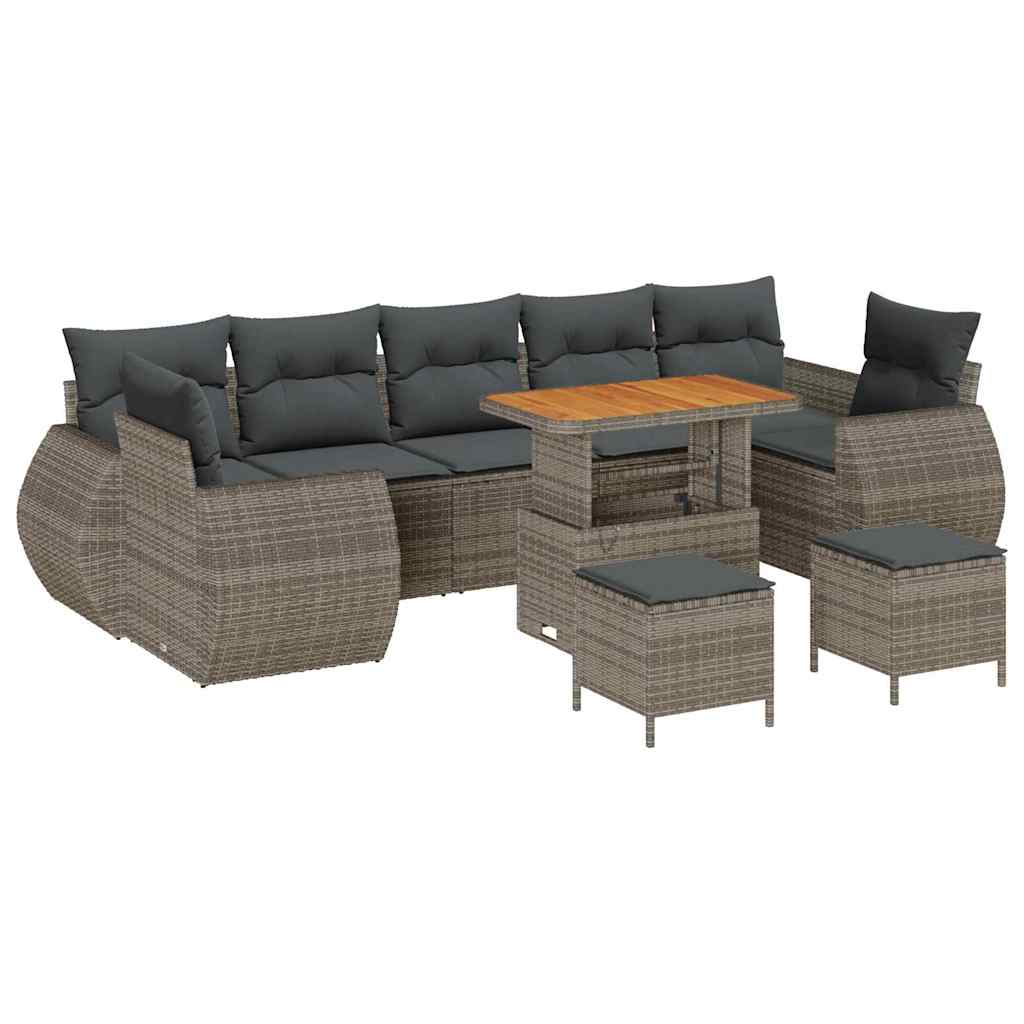 10-teiliges Garten Sofa Set mit Kissen Grau Poly Rattan Akazie