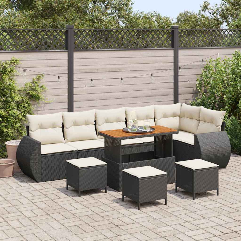 10-teilige Garten Sofa Set mit Kissen Schwarz Poly Rattan Akazie