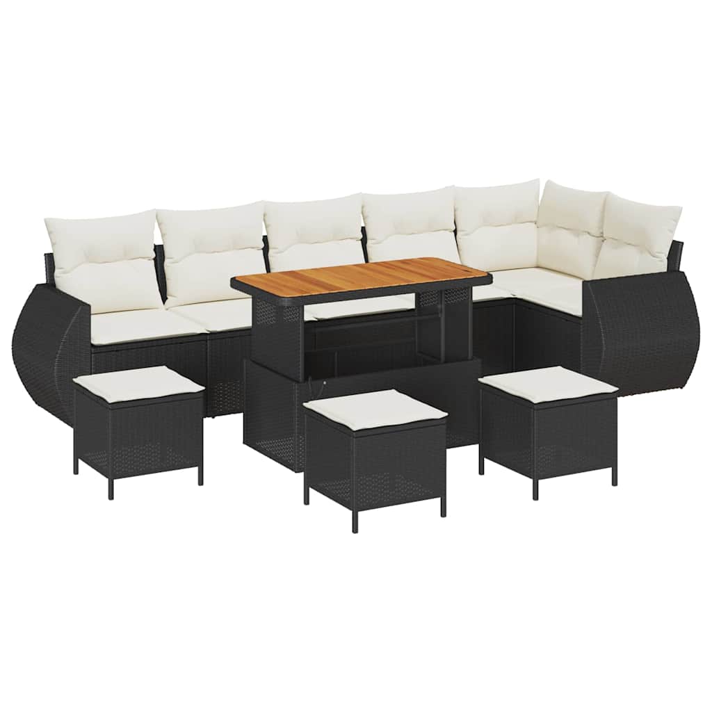 10-teilige Garten Sofa Set mit Kissen Schwarz Poly Rattan Akazie