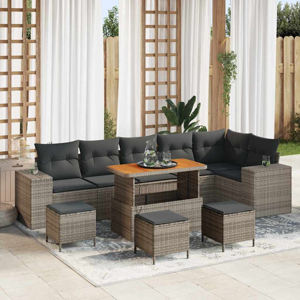 10-teiliges Garten Sofa Set mit Kissen grau Poly Rattan Akazie