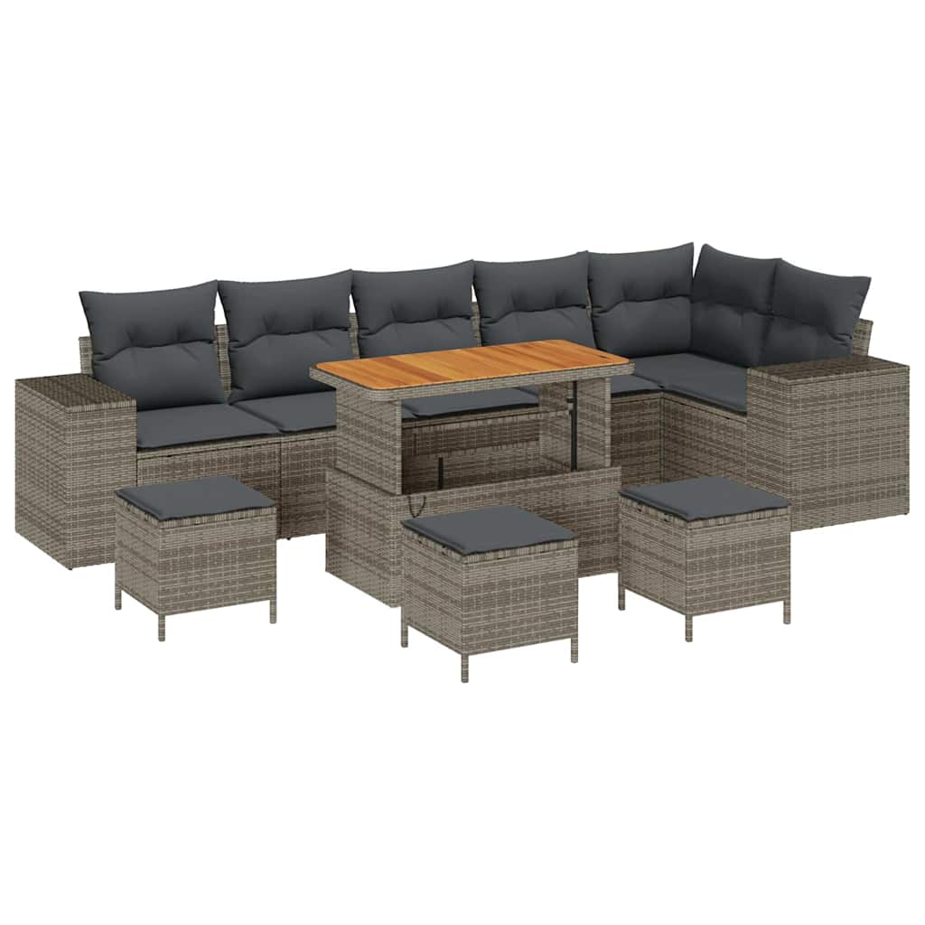 10-teiliges Garten Sofa Set mit Kissen grau Poly Rattan Akazie