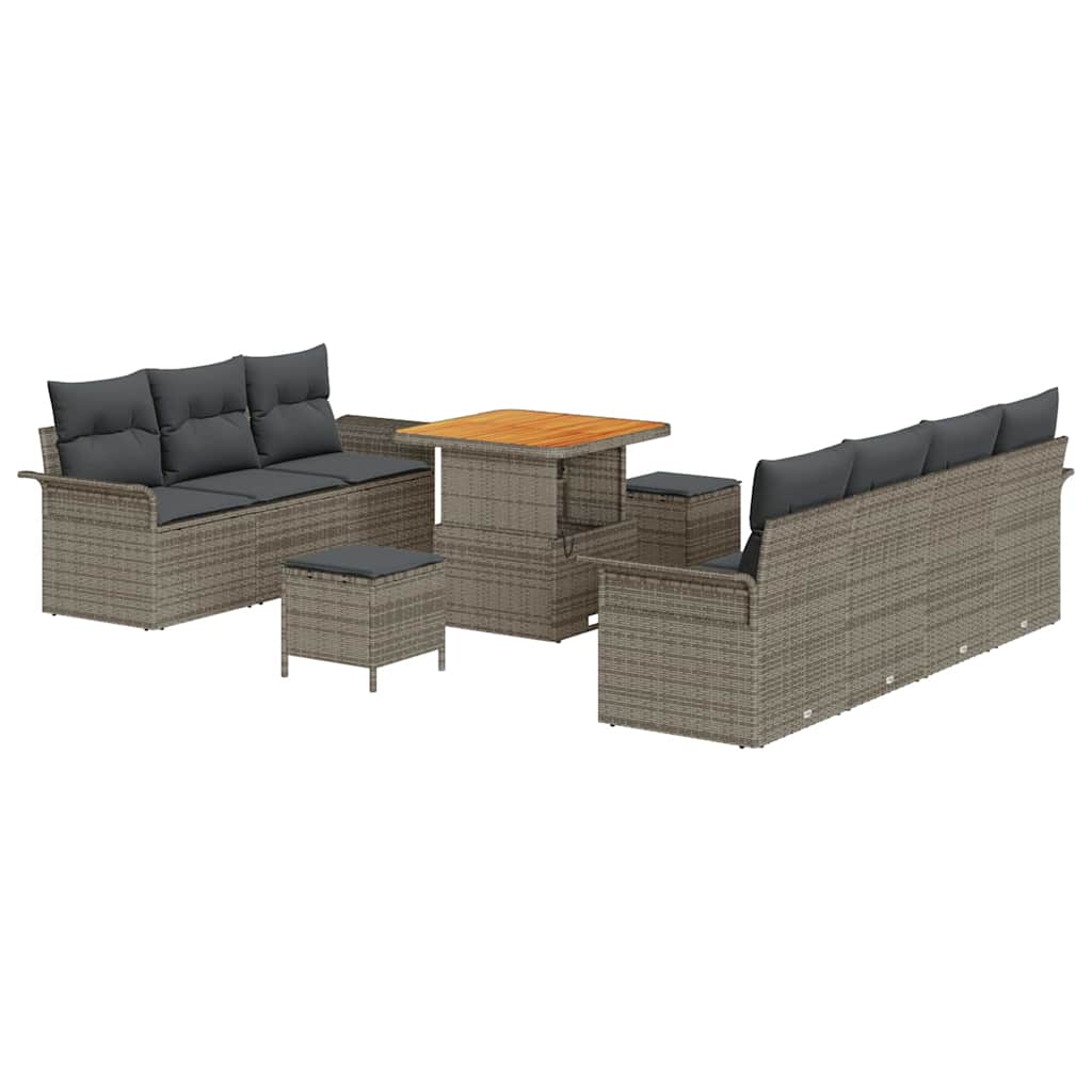 10-teiliges Garten Sofa Set mit Kissen Grau Poly Rattan Akazie