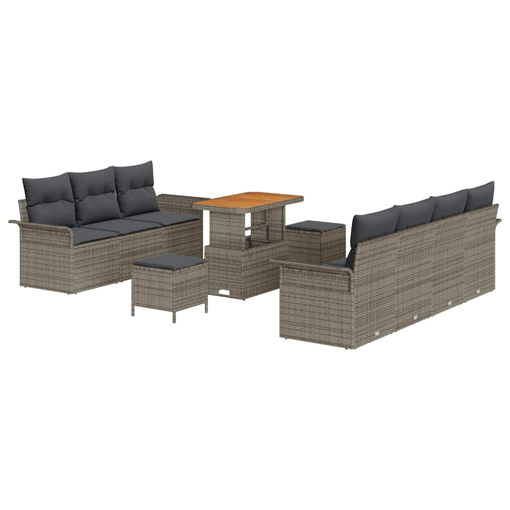 10-teiliges Garten Sofa Set mit Kissen Grau Poly Rattan Akazie
