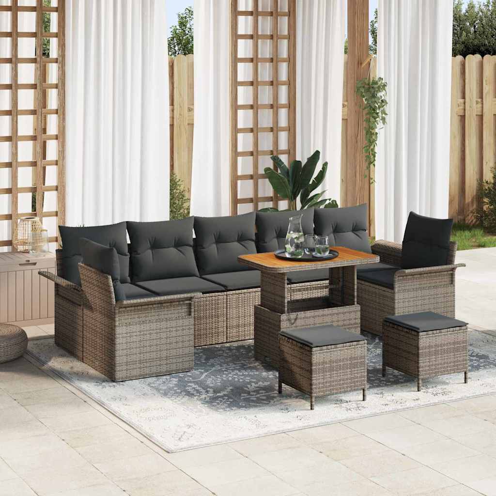 10-teiliges Garten Sofa Set mit Kissen Grau Poly Rattan Akazie