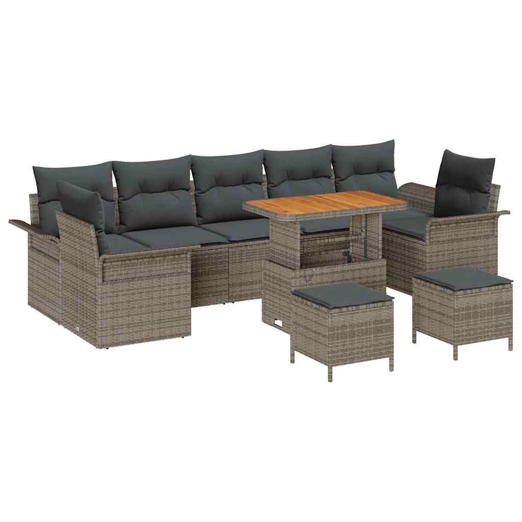 10-teiliges Garten Sofa Set mit Kissen Grau Poly Rattan Akazie