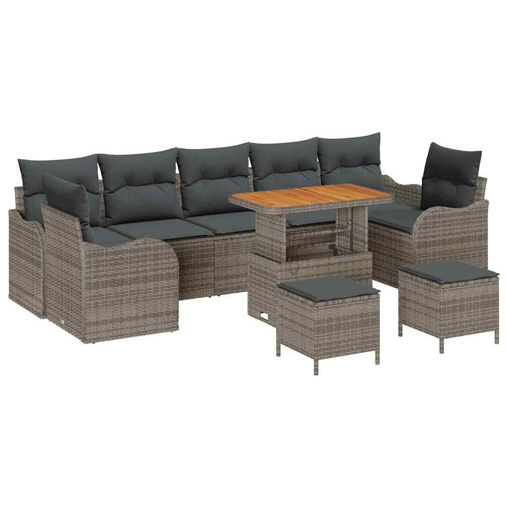 10-teiliges Garten Sofa Set mit Kissen Grau Poly Rattan Akazie