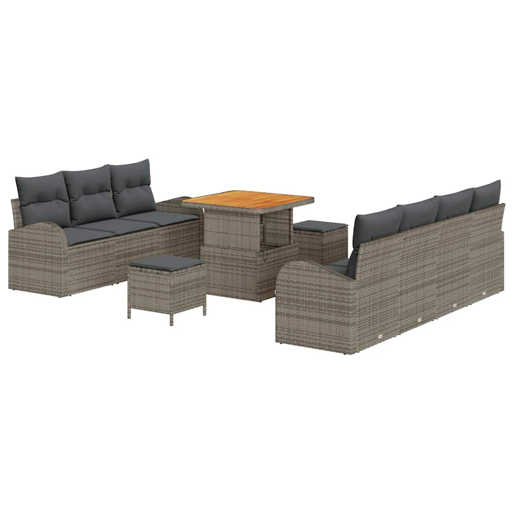 10-teiliges Garten Sofa Set mit Kissen Grau Poly Rattan Akazie